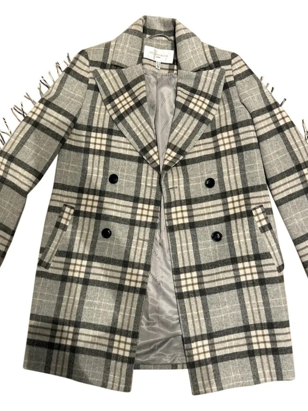 NWOT Gianni Feraud Plaid Wool Fringe Blazer Coat, Size 8